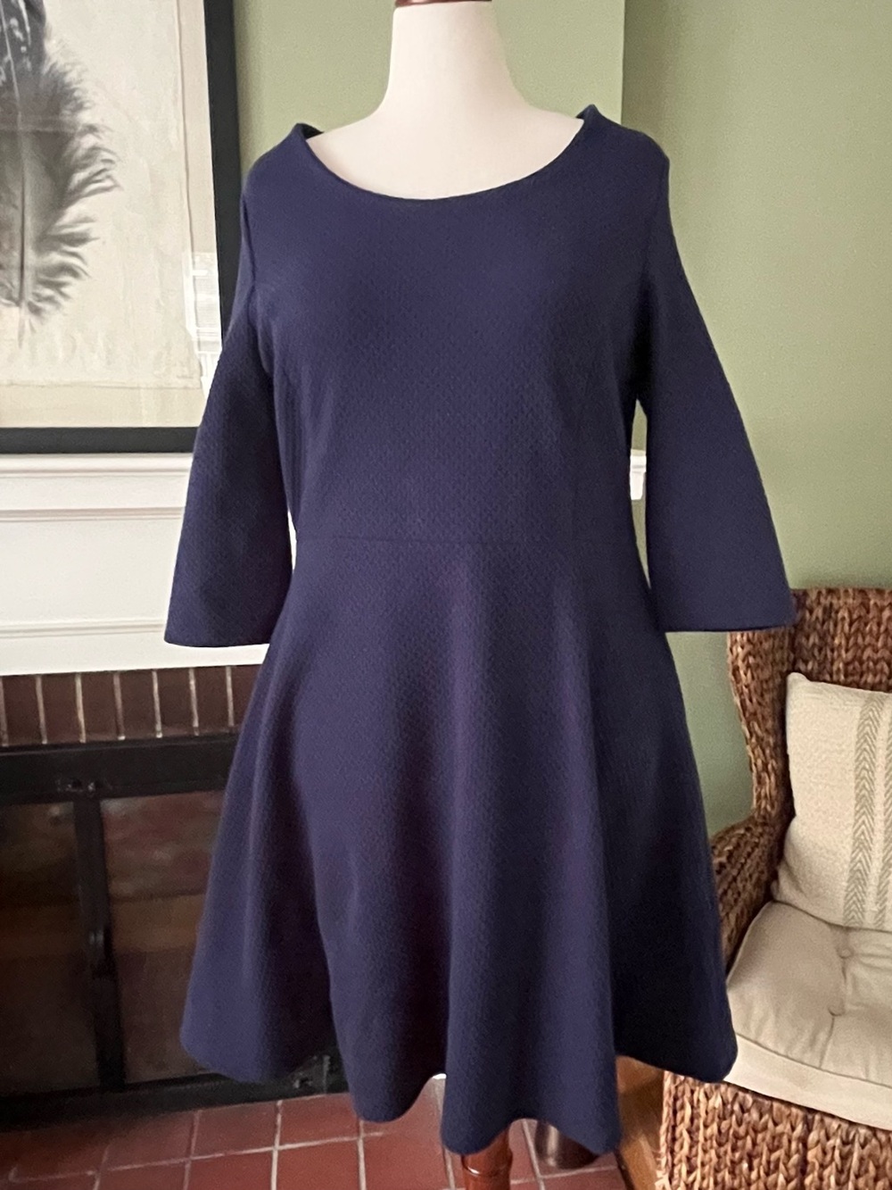 Old Navy Navy Textured Fit & Flare Dress | 3/4 Sleeve | XXL